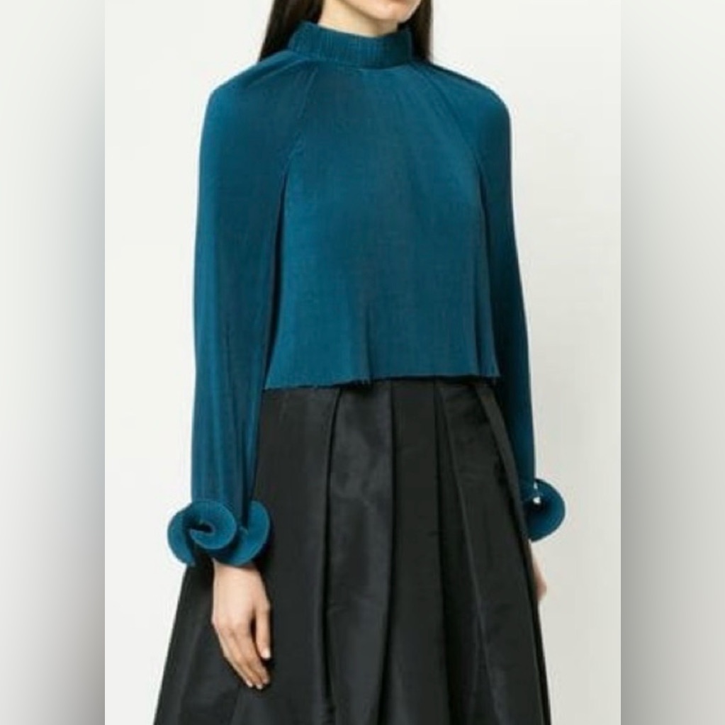 Tibi Pleated Crop Top Long Sleeve Blouse In Blue Size M